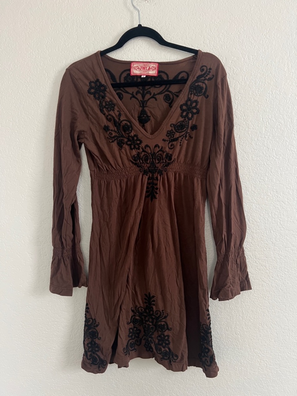 JWLA Johnny Was Brown Black Embroidered V-neck Long Sleeve Mini Dress. Size L